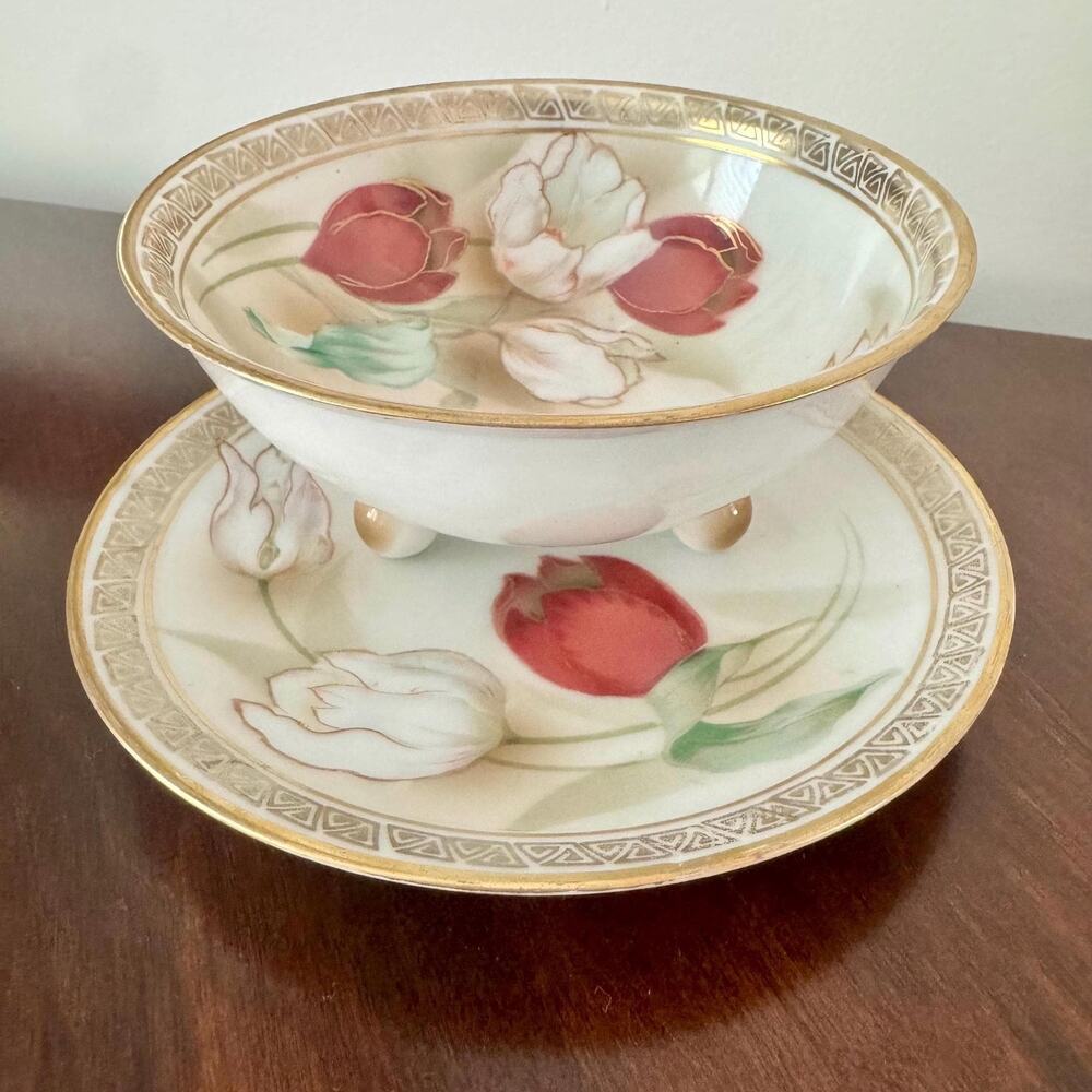 Antique Art Deco RS Germany Hand-Painted Tulip Porcelain Bowl and Plate Set
